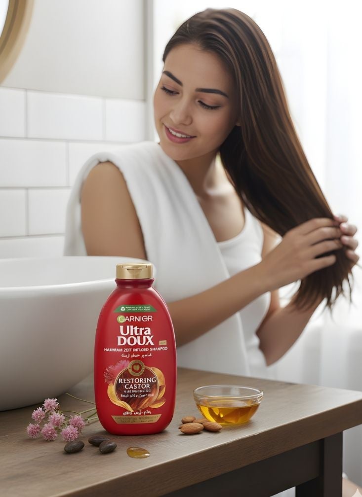 Ultra doux Garnier Ultra Doux Hammam Zeit Infused Shampoo with Castor & Almond Oils – Red Bottle Restoring Hair Shampoo, Red Color, 1 Pc - Image 3